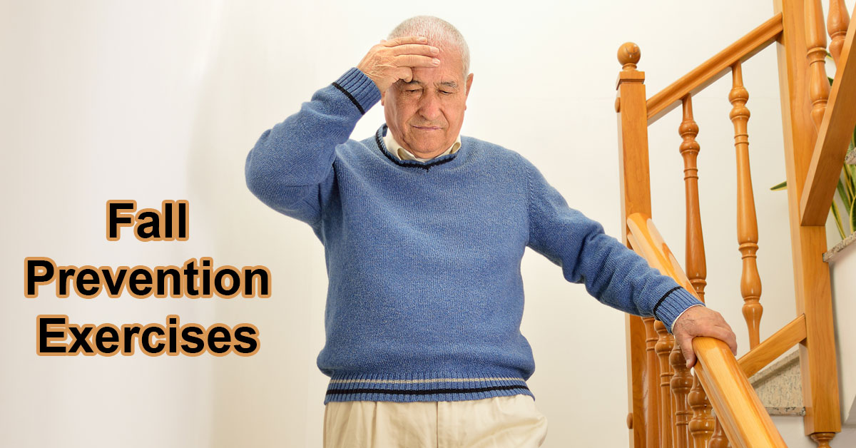 Fall prevention exercises. Senior man unsteady on the stairs.