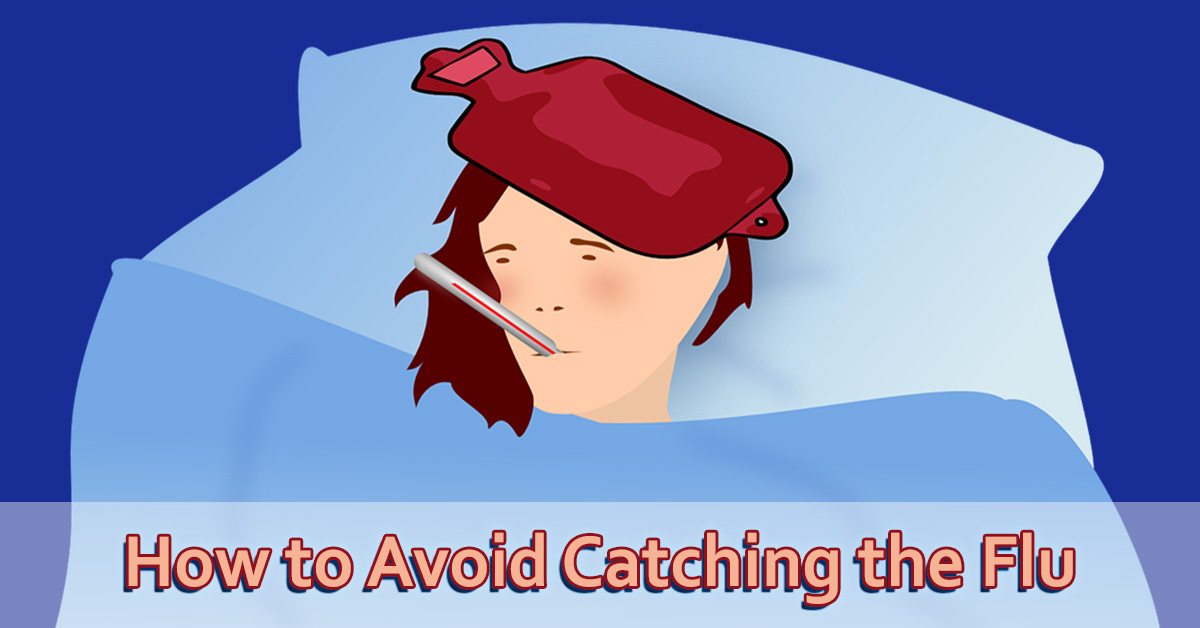 How to avoid catching the flu. Cartoon character sick in bed with a hot water bottle and thermometer.